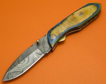 Handmade Damascus Steel Large Folding Knife, Pakkawood Handle, Cowhide Sheath