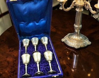 Ornate Set Etched Cordial Port Wine Goblets EPNS Silverplate Blue Velvet Case