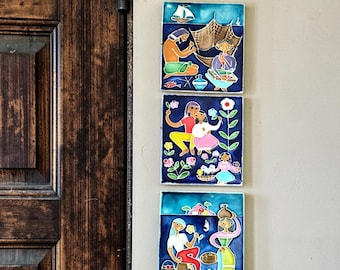 Three Italian Story Tiles Handmade Textured w Hangers Colorful Folk Art Wall Decor
