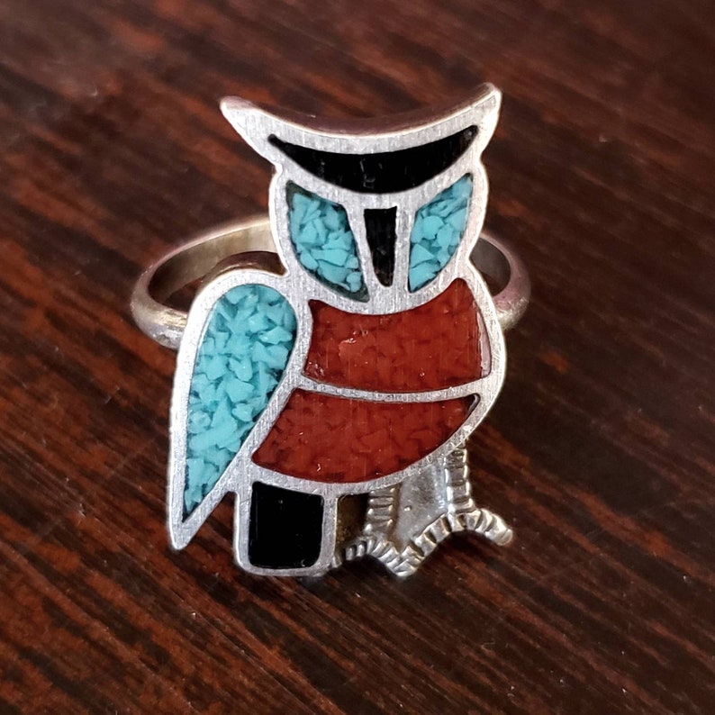 Zuni Inlay Silver Ring Turquoise Red Coral Obsidian Sz 6.5