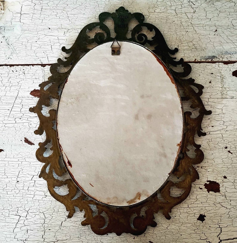 Large Ornate Italian Cast Metal Framed Floral Lithograph Print Vintage 40s 50s