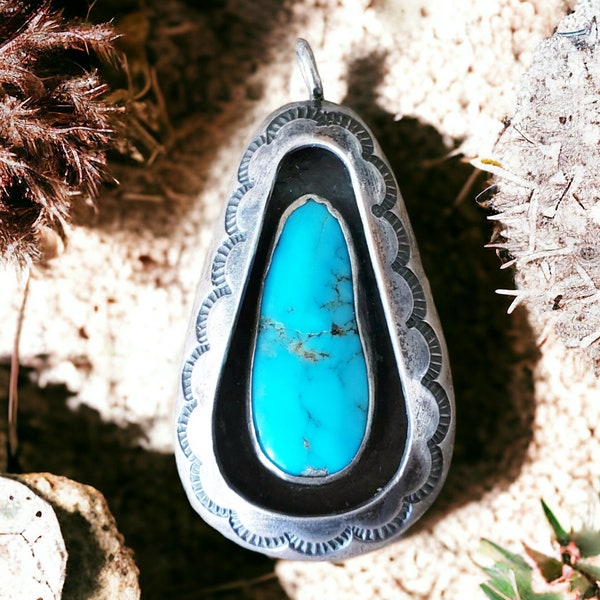Silver Teardrop Pendant with Turquoise Inset Vintage 60s - 70s Southwest Native Pueblo, Santa Fe