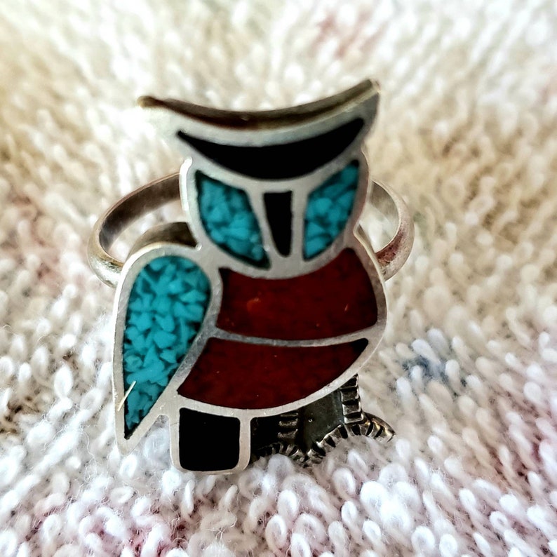 Zuni Inlay Silver Ring Turquoise Red Coral Obsidian Sz 6.5
