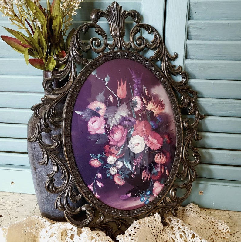 Large Ornate Italian Cast Metal Framed Floral Lithograph Print Vintage 40s 50s
