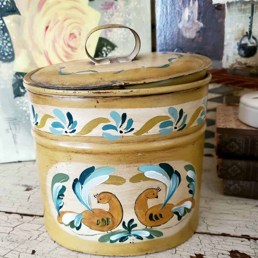 Vintage Mustard Yellow Toleware Canister Handpainted With Etsy