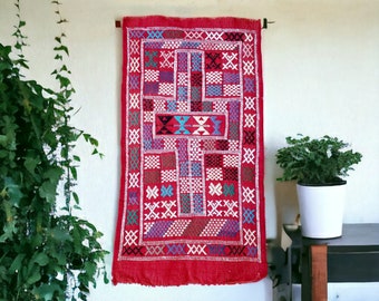 Vintage Handwoven Moroccan Raw Wool Prayer Rug / Wall Tapestry