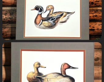 VTG PAIR  R.F. Harnett Signed Duck Decoy Lithographs 16 X 20 Matted Frame Ready, Cabin Lodge Decor, Bird Watcher Waterfowl Hunter Gift