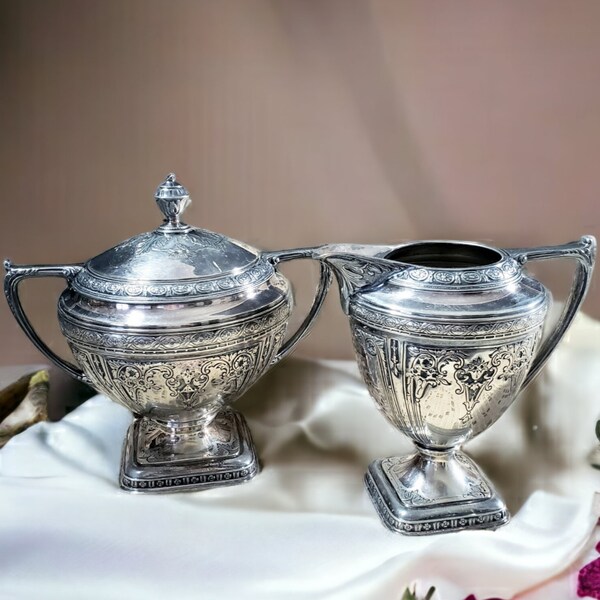 Antique Art Nouveau Silverplate Cream and Sugar Set, Formal Party, Wedding Serveware