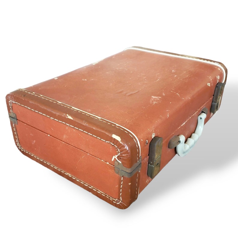 Small Brown Vintage Suitcase w Patina Rustic Wedding Decor Shabby Chic Decorative Display Home Organizer and Storage Box image 4