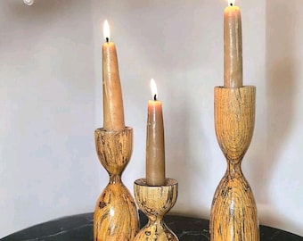 Handturned Hourglass Candle Holders Set of 3 Neutral Natural Urban Farmhouse