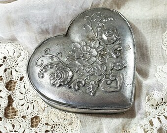 Romantic German pewter heart trinket box floral  gift box