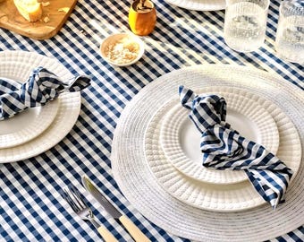 Blue & White Gingham Plaid Tablecloth Handmade French Country Cottagecore 52x72