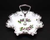 Vintage Fenton Glass Silver Crest Bon Bon Dish Violets in the Snow with Metal Handle, Milk Glass Serving Tray Ruffle Bowl Cottage Chic Decor