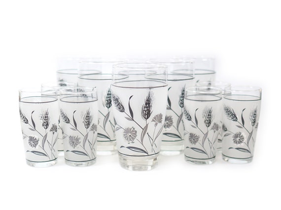 Vintage Libbey Frosted Silver Wheat Flower Leaf Pattern Glasses Set of 12  Mid Century Glassware Tumbler Drink Juice Glasses Retro Drinkware 