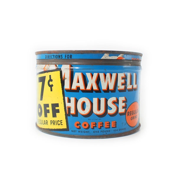 Vintage 1950s Maxwell House Coffee Canister, Succulent Planter, Farmhouse Chic, Retro Kitchen Decor, Blue Yellow Orange Mid Century Tin