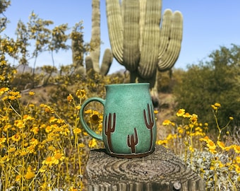 Turquoise Desert Scape Saguaro Cactus Mug, Ceramic Coffee Mug, Desert Cactus Coffee Mug,