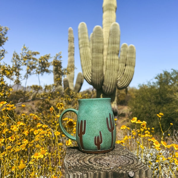 Turquoise Desert Scape Saguaro Cactus Mug, Ceramic Coffee Mug, Desert Cactus Coffee Mug,