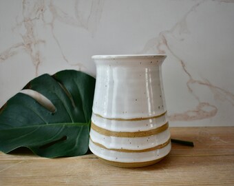 Decorative Speckled White Striped Vase, Decorative Ceramic Vase, Speckled Farmhouse Vase