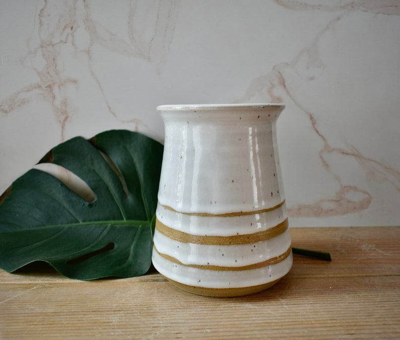 Decorative Speckled White Striped Vase, Decorative Ceramic Vase, Speckled Farmhouse Vase image 1