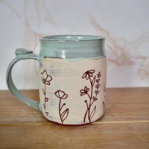 Sweet Line Art Floral Mug with White and Red Clay, Frosty Pastel Blue Glaze image 5