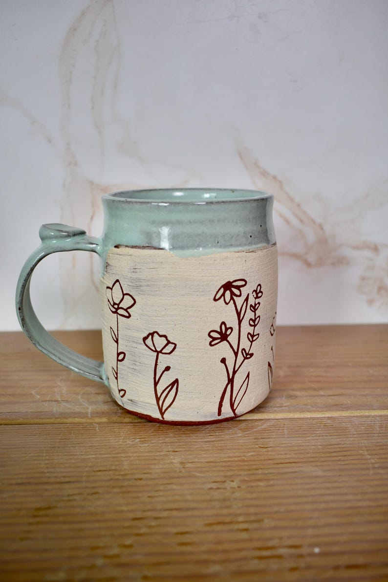 Sweet Line Art Floral Mug with White and Red Clay, Frosty Pastel Blue Glaze image 5