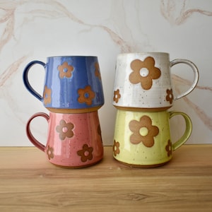 GLAZED TO ORDER- White, Lavender, Yellow, Pink 70s Themed Floral Mugs, 70s Aesthetic Ceramic Coffee Mug, Handmade Ceramic Art, Floral Mug