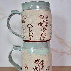 Sweet Line Art Floral Mug with White and Red Clay, Frosty Pastel Blue Glaze image 6