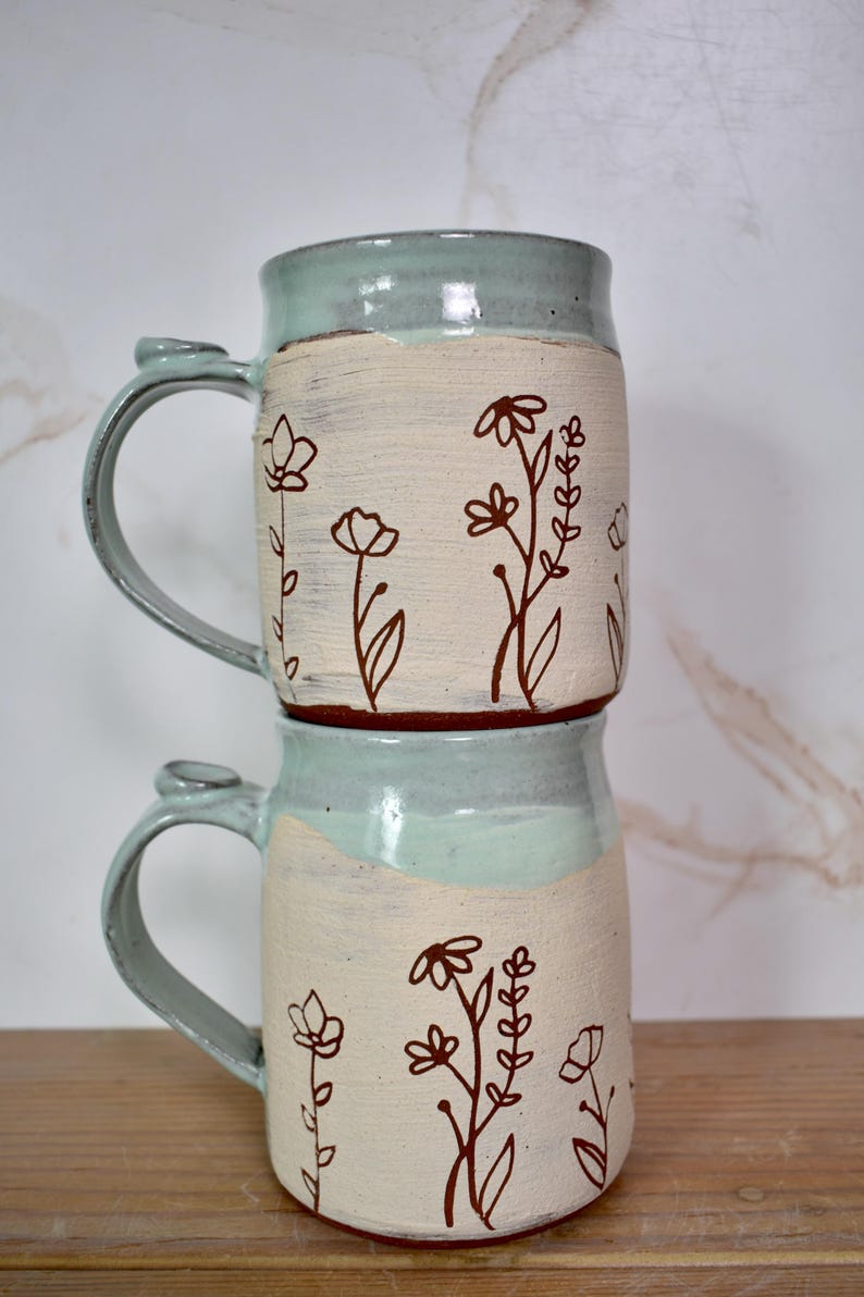 Sweet Line Art Floral Mug with White and Red Clay, Frosty Pastel Blue Glaze image 6