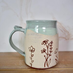 Sweet Line Art Floral Mug with White and Red Clay, Frosty Pastel Blue Glaze image 4