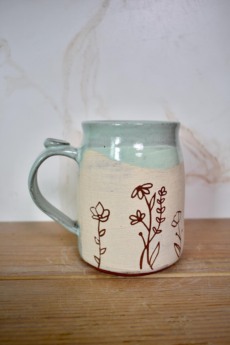 Sweet Line Art Floral Mug with White and Red Clay, Frosty Pastel Blue Glaze image 4