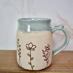 Sweet Line Art Floral Mug with White and Red Clay, Frosty Pastel Blue Glaze image 7