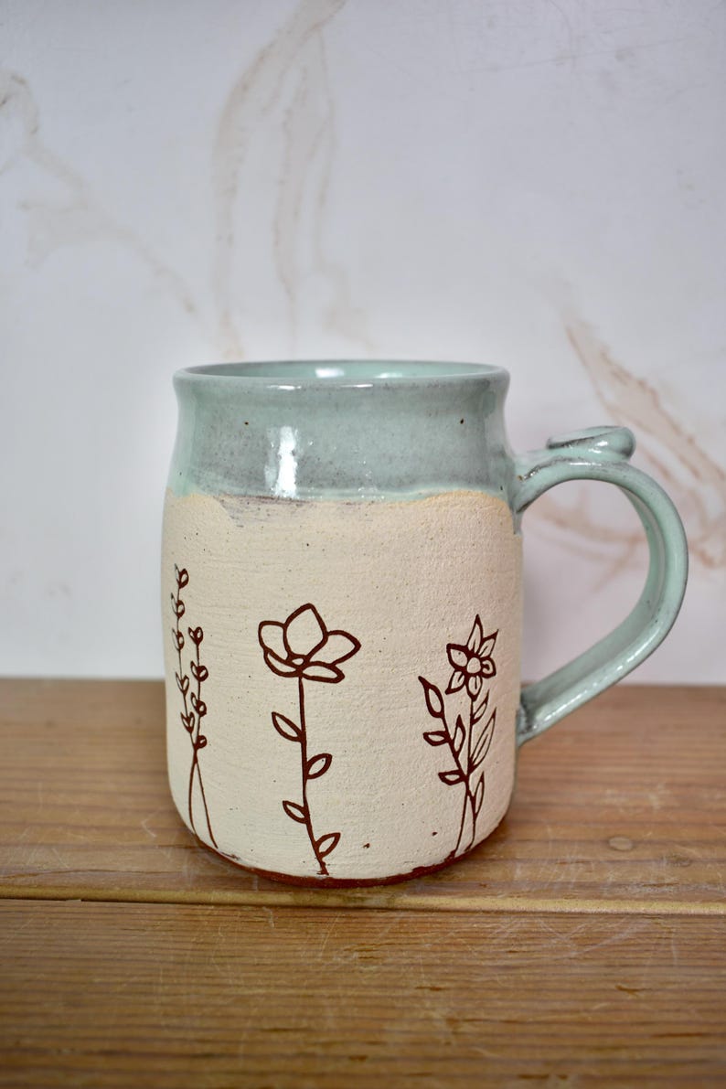 Sweet Line Art Floral Mug with White and Red Clay, Frosty Pastel Blue Glaze image 7