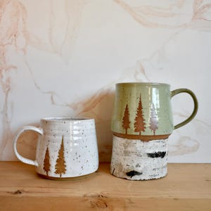 Green and White Mini Pine Trees and Speckled Glaze, Mini Tree Mug, Holiday Coffee Mugs, Winter Wonderland Mug