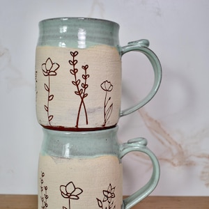 Sweet Line Art Floral Mug with White and Red Clay, Frosty Pastel Blue Glaze image 1