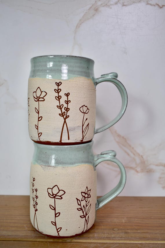 Sweet Line Art Floral Mug with White and Red Clay, Frosty Pastel Blue Glaze