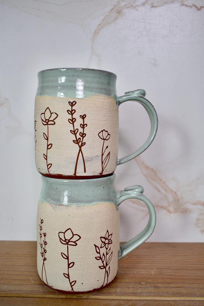 Sweet Line Art Floral Mug with White and Red Clay, Frosty Pastel Blue Glaze image 1