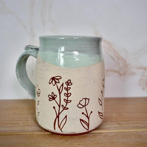 Sweet Line Art Floral Mug with White and Red Clay, Frosty Pastel Blue Glaze image 3