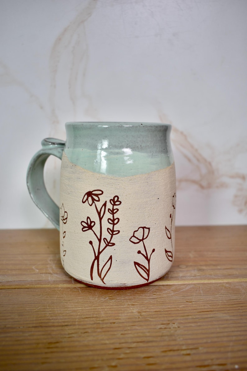 Sweet Line Art Floral Mug with White and Red Clay, Frosty Pastel Blue Glaze image 3