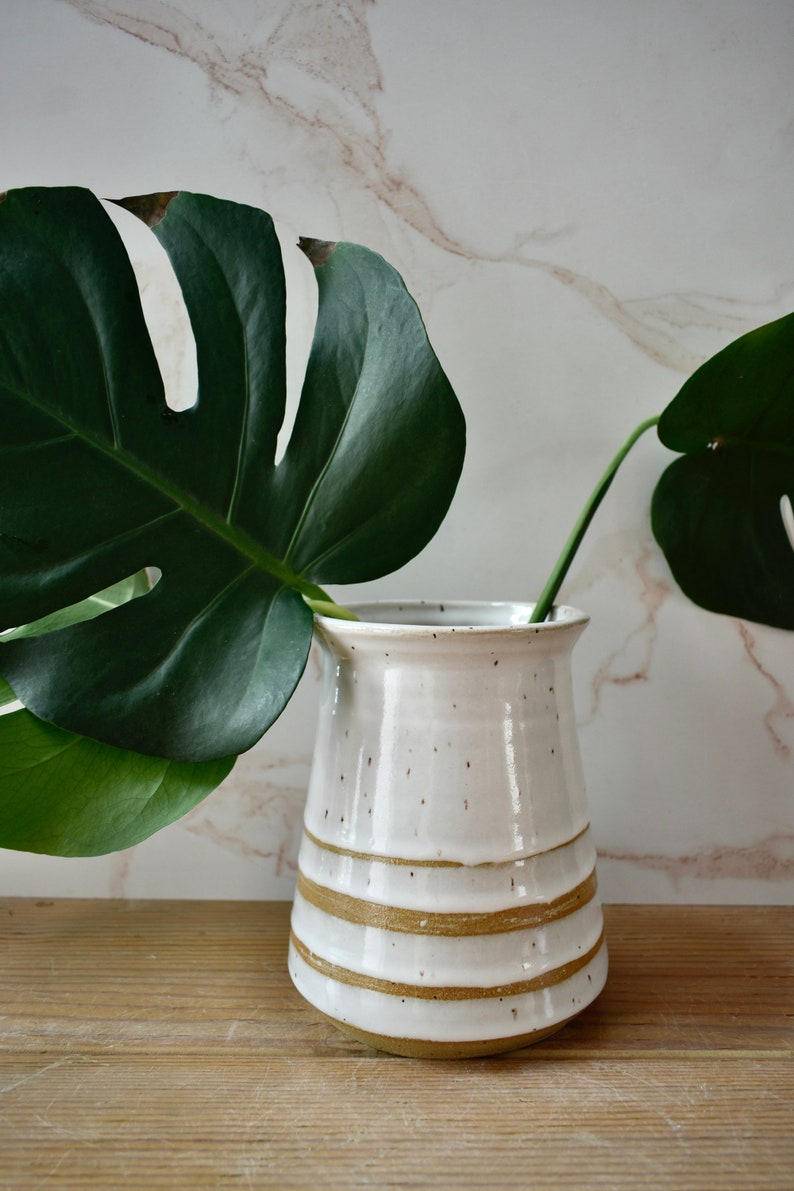 Decorative Speckled White Striped Vase, Decorative Ceramic Vase, Speckled Farmhouse Vase image 2