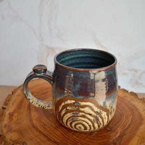One-of-a-kind Tree Ring Ceramic Coffee Mug, Rustic Tree Rings and Moss Green Mug