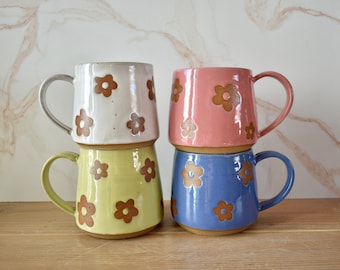 White, Lavender, Yellow, and NEW PINK! 70s Themed Floral Mugs, 70s Aesthetic Ceramic Coffee Mug, Handmade Ceramic Art, Floral Mug