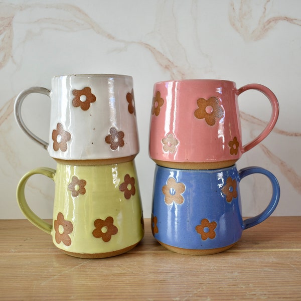 White, Lavender, Yellow, and NEW PINK! 70s Themed Floral Mugs, 70s Aesthetic Ceramic Coffee Mug, Handmade Ceramic Art, Floral Mug