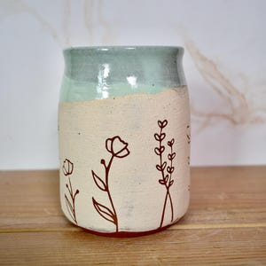 Sweet Line Art Floral Mug with White and Red Clay, Frosty Pastel Blue Glaze image 2