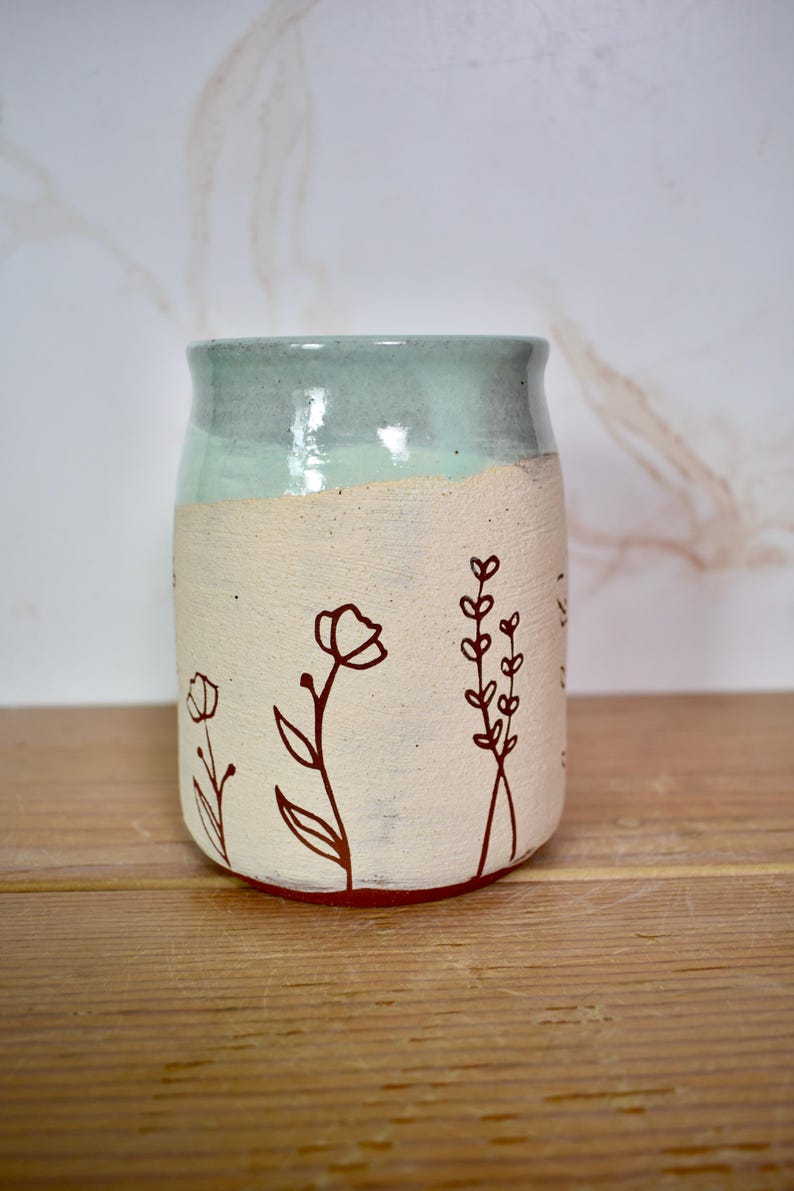 Sweet Line Art Floral Mug with White and Red Clay, Frosty Pastel Blue Glaze image 2