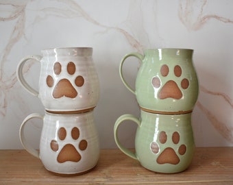 Paw Print Mugs in Green and White, Puppy Paw Mug, Dog Paw Print Mug