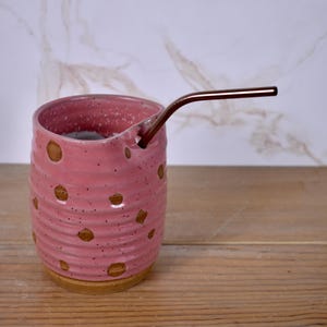 Pink Polka Dot Summer Sipper, Ceramic Iced Tea Tumbler with Metal Straw