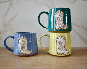 Hand-Carved Cowgirl Boot Mugs in Sunflower, Lavender and Desert Cactus