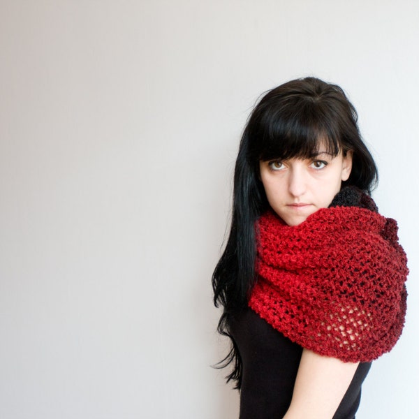 Ombre Black Red Infinity Scarf, Hand Knit Lightweight Cowl Scarf, Spring Hooded Cowl, Loose knit stitch, poppy ohtteam vampire gothic vamp