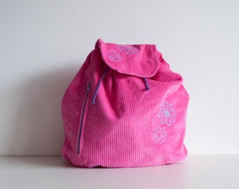 Pink Kids Corduroy Backpack , Flower detail bag, Children's Preschool Backpack, Candy pink bag, Bagpack, Bon-Bon velvet bag, bonbon