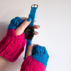 Large Blue Pink Fingerless Gloves, Fingerless Mitts, Winter Knit Warmers ohtteam, suitable for bigger hands, Womens Winter Gloves, Christmas